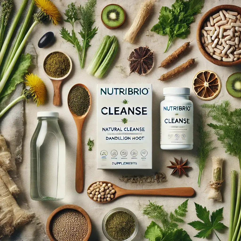 NutriBrio Cleanse Supplements UK with natural detox herbs on a clean flat lay