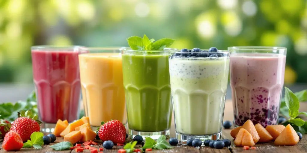 Crisp photographic view of vibrant smoothies in clear glass cups.
