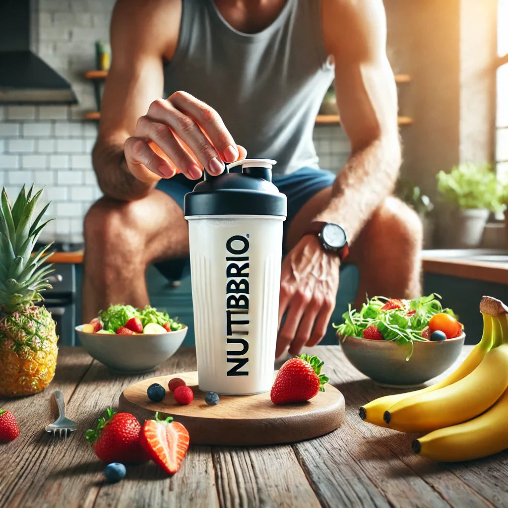 A person holding a NutriBrio protein shaker, ready to mix a protein shake. Fresh fruits and a small salad are nearby.
