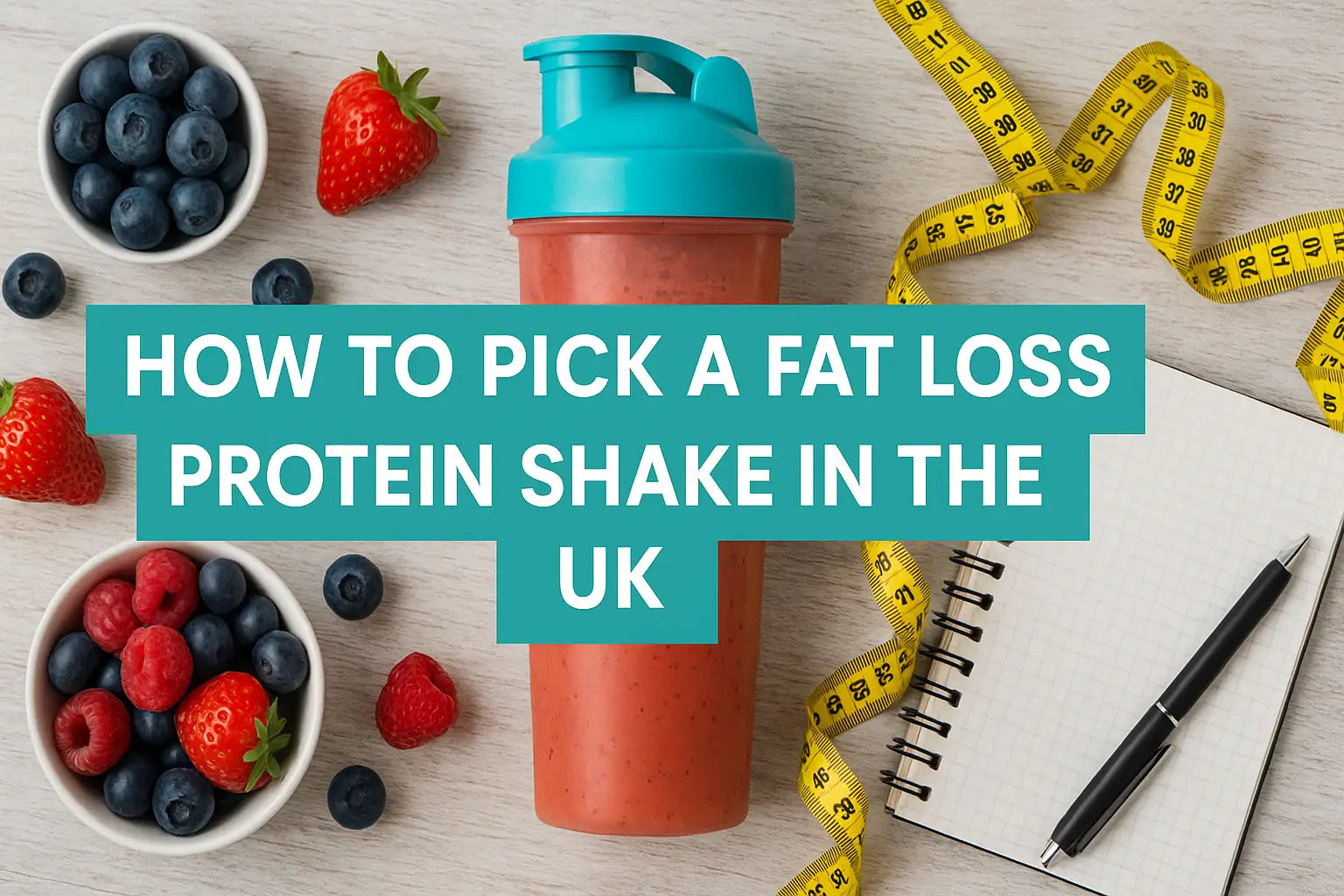 Protein shaker bottle with fresh berries, measuring tape and notebook on wooden surface - guide to choosing fat loss protein shakes in UK