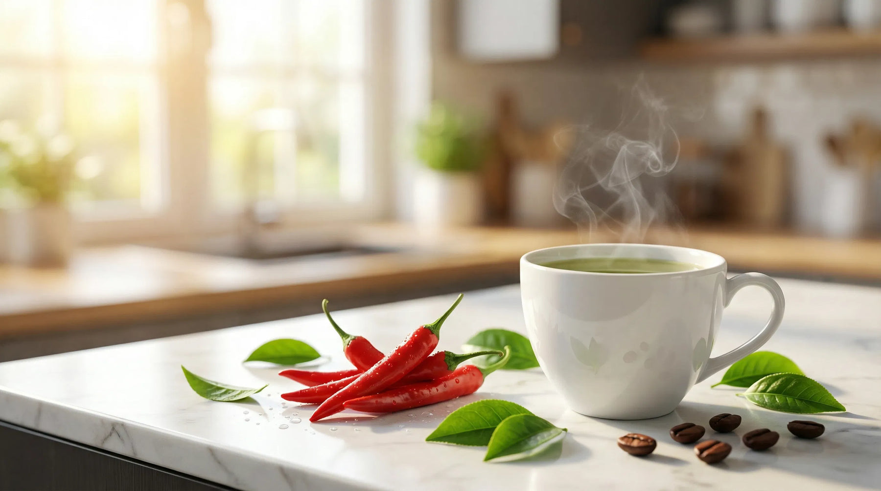 A cup of green tea with red chili peppers and coffee beans on a marble countertop, representing thermogenic ingredients