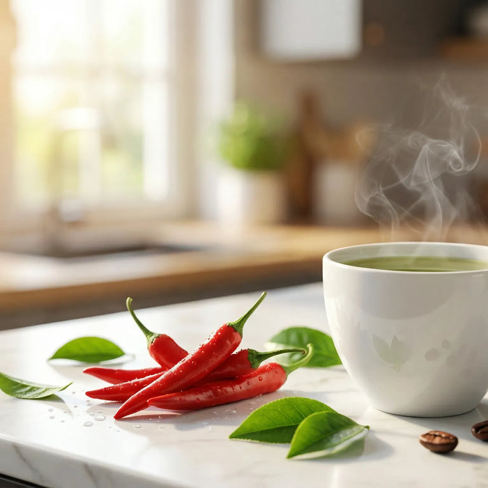 A cup of green tea with red chili peppers and coffee beans on a marble countertop, representing thermogenic ingredients