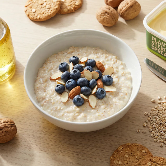 A heart-healthy breakfast scene with a bowl of porridge topped with blueberries and almonds, a tub of plant sterol spread, and a bottle of vegetable oil on a wooden table.