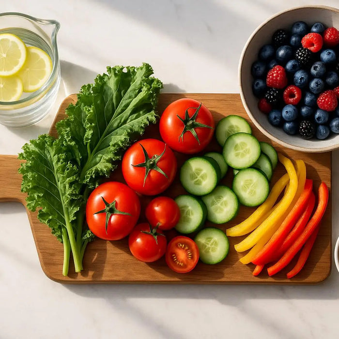 A flat lay of fresh vegetables including tomatoes, cucumbers, and leafy greens, with a bowl of mixed berries and a pitcher of water with lemon slices, representing a healthy 7-day reset.