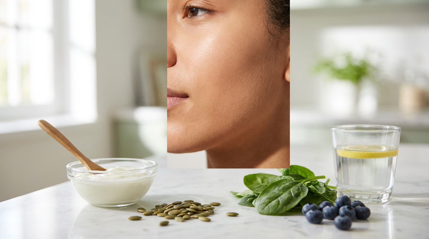 A close-up of clear, healthy skin with a natural glow, next to a bowl of yogurt, pumpkin seeds, and a glass of water with lemon, representing a gut-first approach to acne support.
