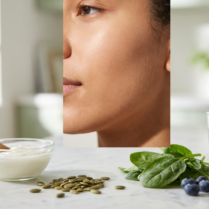 A close-up of clear, healthy skin with a natural glow, next to a bowl of yogurt, pumpkin seeds, and a glass of water with lemon, representing a gut-first approach to acne support.