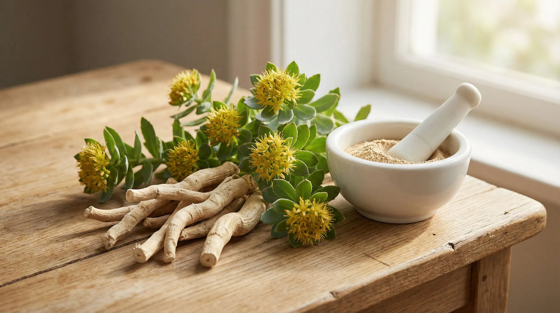 Ashwagandha root and rhodiola rosea herbs on a wooden table with mortar and pestle containing ground herbs