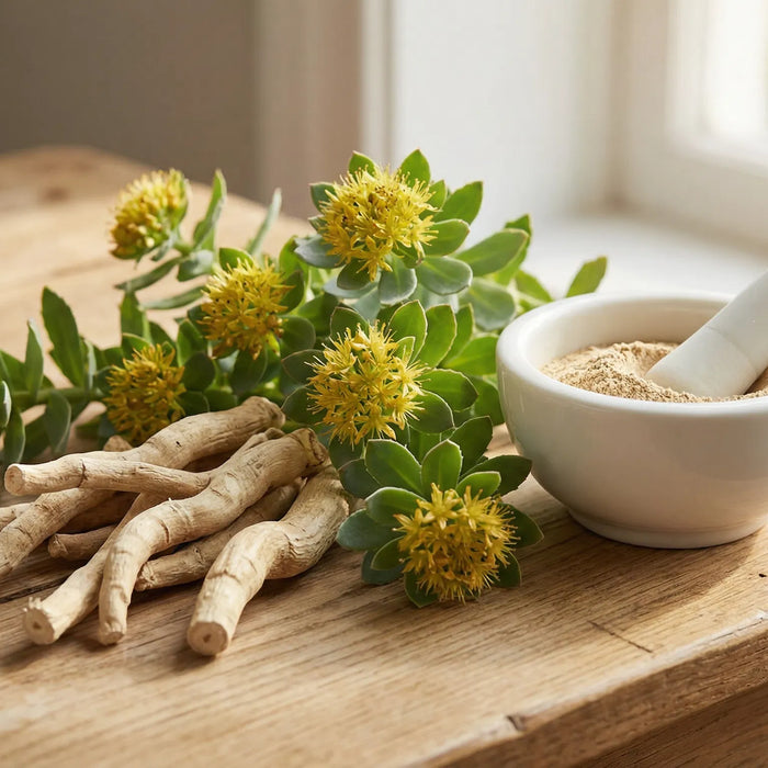 Ashwagandha root and rhodiola rosea herbs on a wooden table with mortar and pestle containing ground herbs