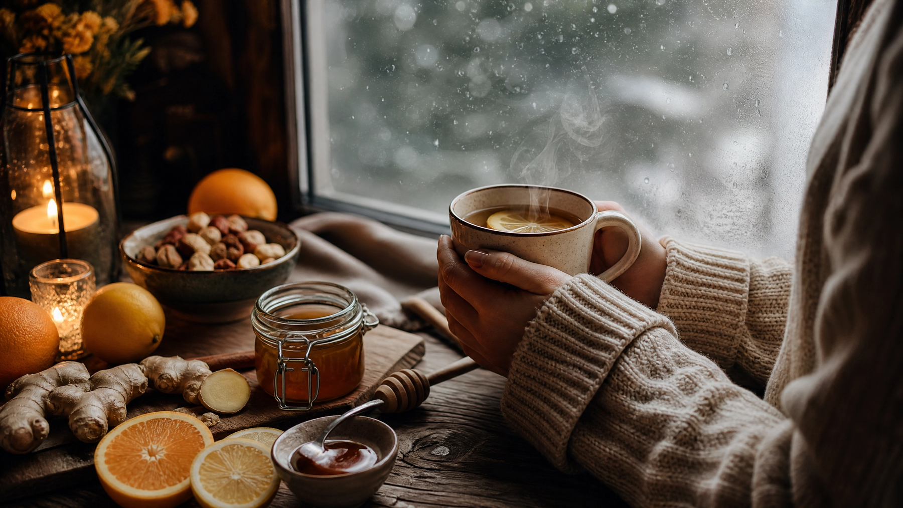 Cosy winter wellness scene with hands holding steaming herbal tea, citrus fruits, ginger, honey and nuts by a rainy window