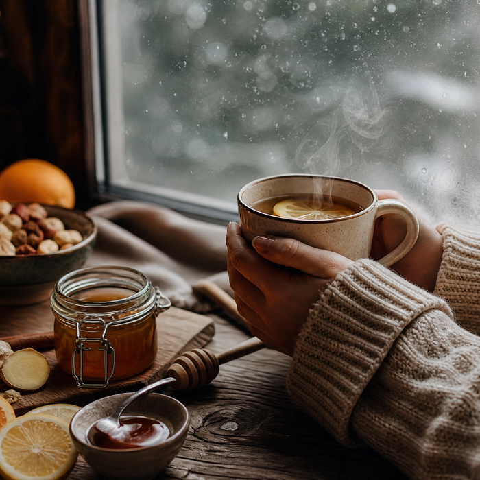 Cosy winter wellness scene with hands holding steaming herbal tea, citrus fruits, ginger, honey and nuts by a rainy window