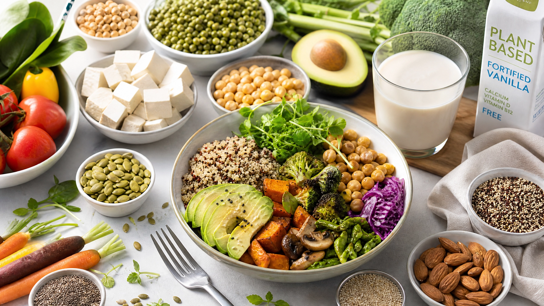 Colourful plant-based meal bowl with quinoa, avocado, chickpeas and roasted vegetables surrounded by tofu, legumes and nuts