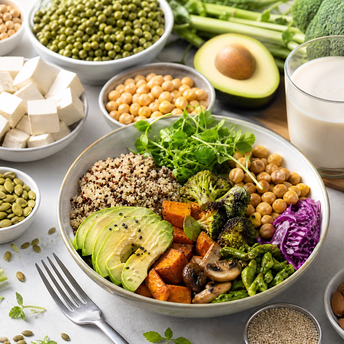 Colourful plant-based meal bowl with quinoa, avocado, chickpeas and roasted vegetables surrounded by tofu, legumes and nuts