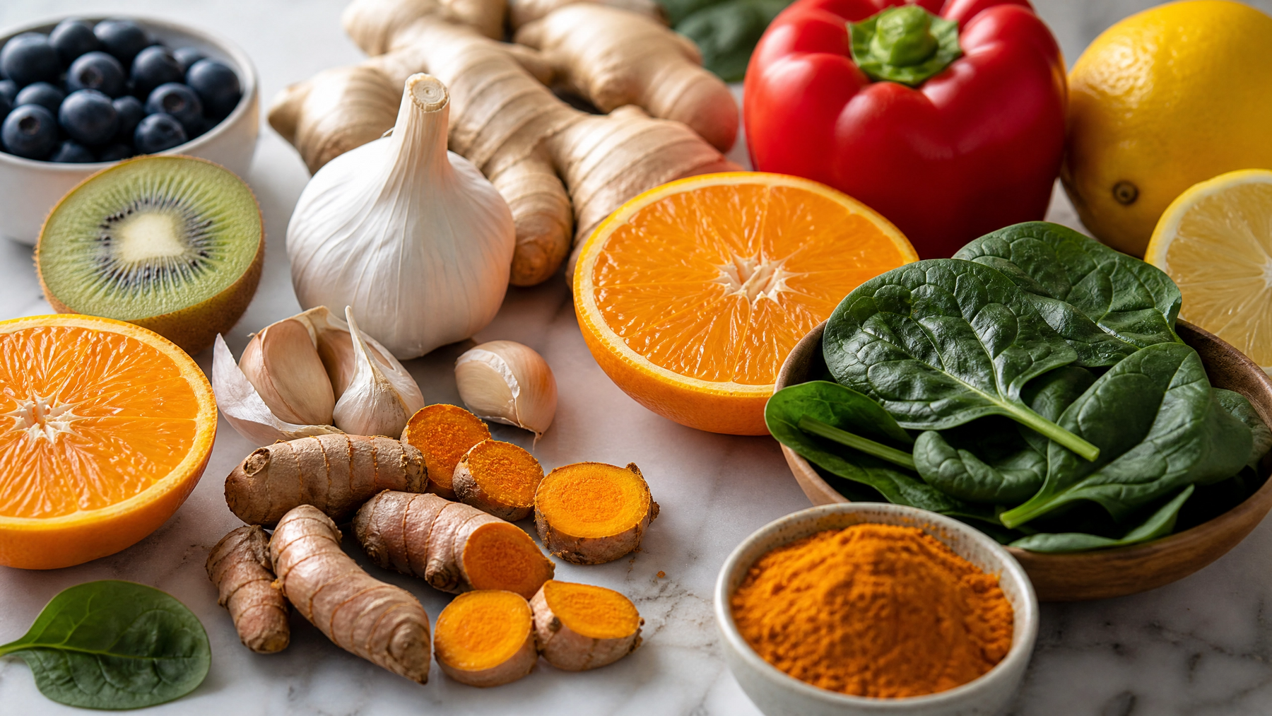 Colourful immune-supporting foods including citrus fruits, ginger, garlic, turmeric, spinach and blueberries on white marble