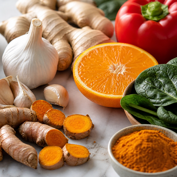 Colourful immune-supporting foods including citrus fruits, ginger, garlic, turmeric, spinach and blueberries on white marble