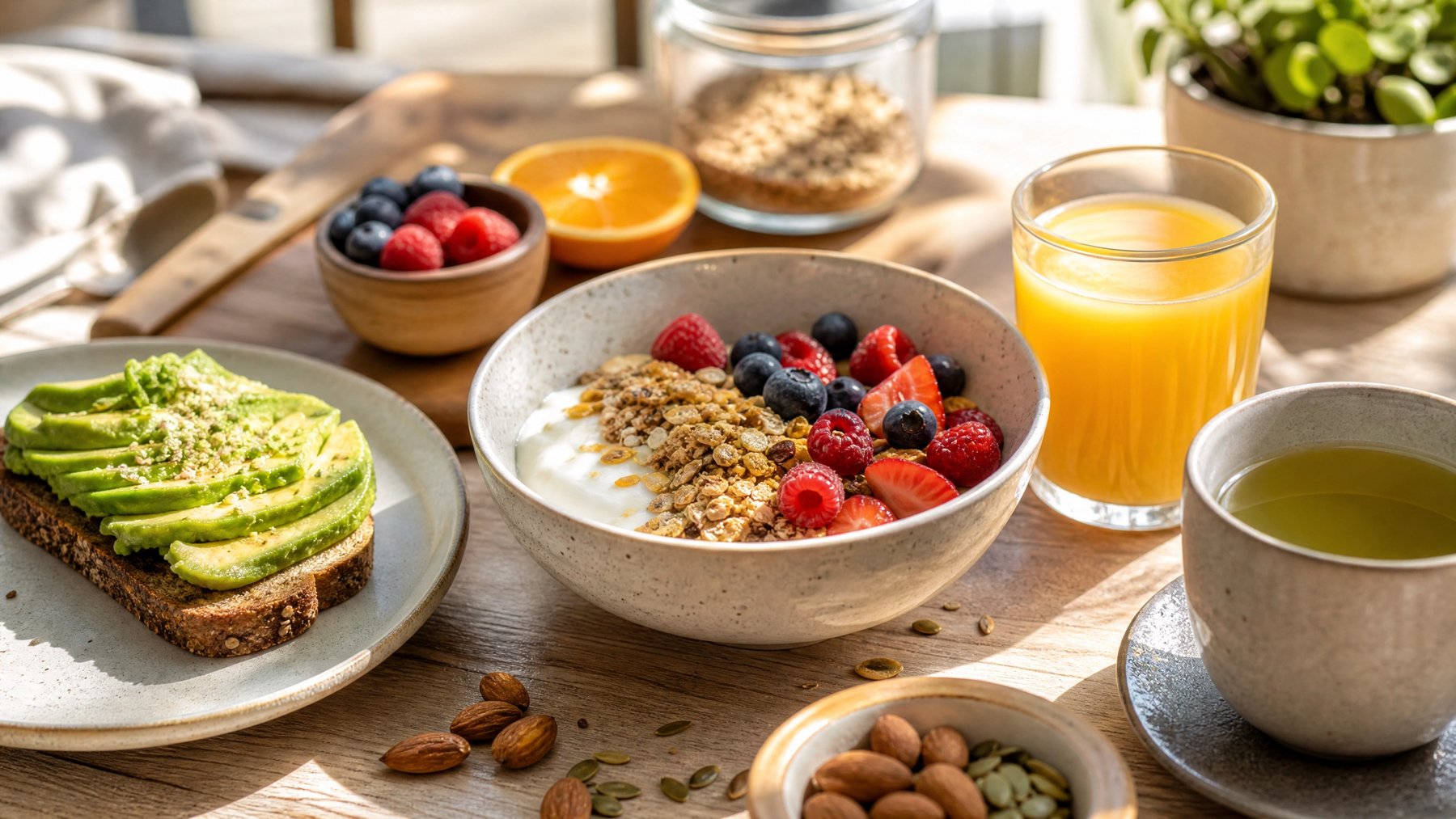 Energising healthy breakfast spread with avocado toast, berry granola bowl, orange juice and green tea in morning sunlight