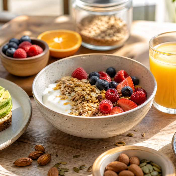 Energising healthy breakfast spread with avocado toast, berry granola bowl, orange juice and green tea in morning sunlight