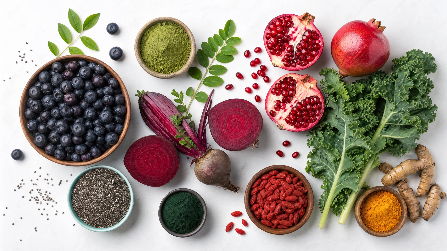 Overhead flat lay of superfoods including acai berries, moringa powder, beetroot, pomegranate, kale and turmeric on white