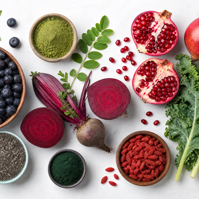 Overhead flat lay of superfoods including acai berries, moringa powder, beetroot, pomegranate, kale and turmeric on white