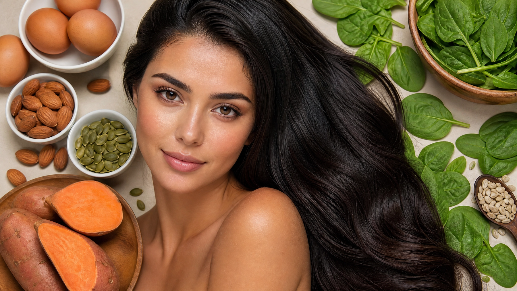Woman with glossy healthy hair and glowing skin surrounded by biotin and zinc-rich foods including eggs, almonds and spinach
