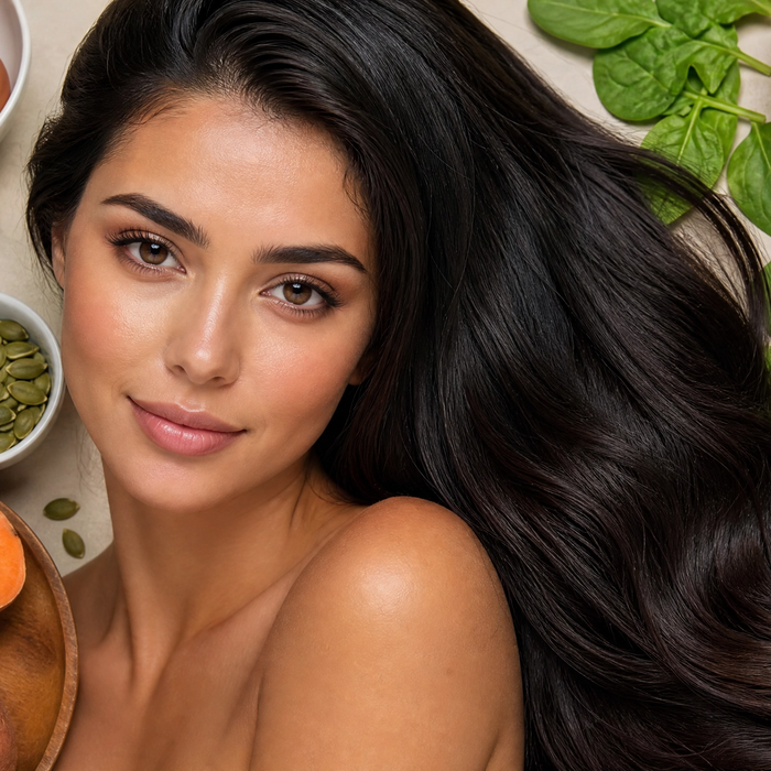 Woman with glossy healthy hair and glowing skin surrounded by biotin and zinc-rich foods including eggs, almonds and spinach