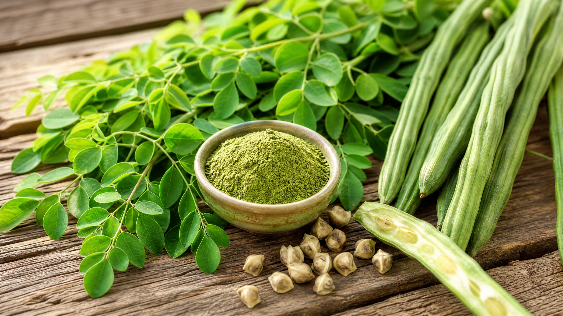 Fresh moringa oleifera leaves, seed pods and green moringa powder in a ceramic bowl on a rustic wooden surface