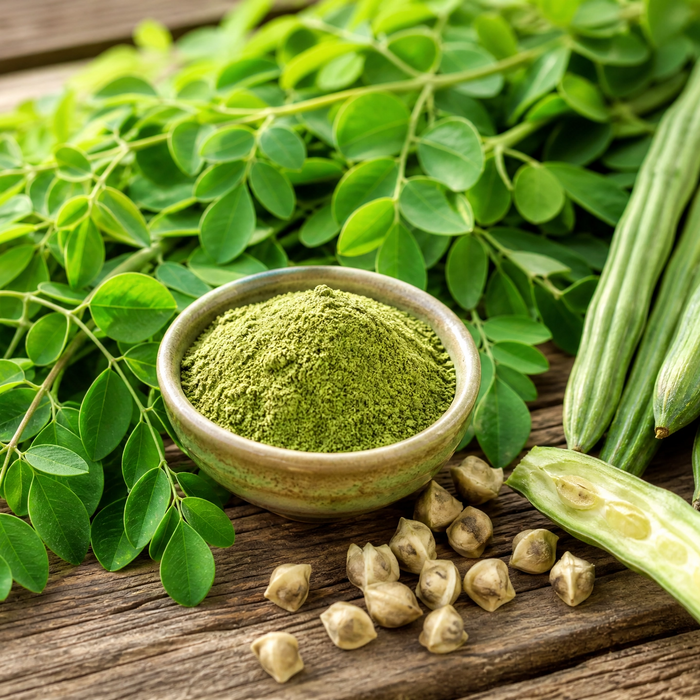 Fresh moringa oleifera leaves, seed pods and green moringa powder in a ceramic bowl on a rustic wooden surface