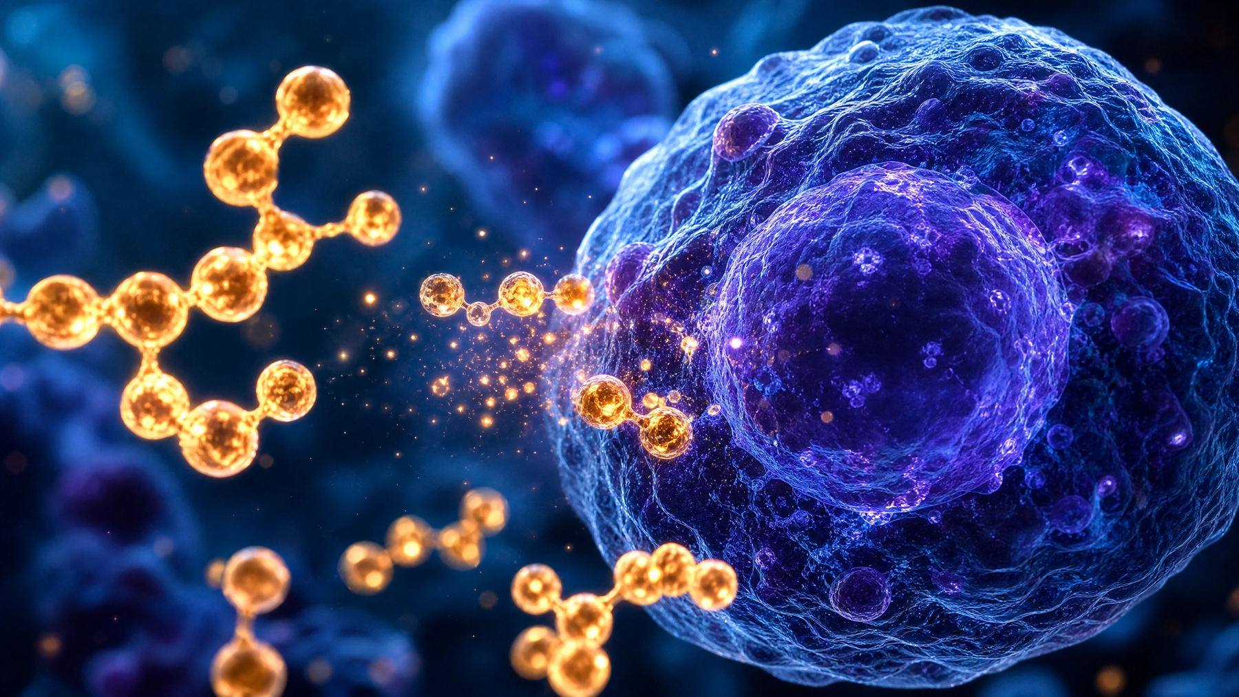 3D scientific illustration of antioxidant molecules protecting a human cell from free radical oxidative stress damage