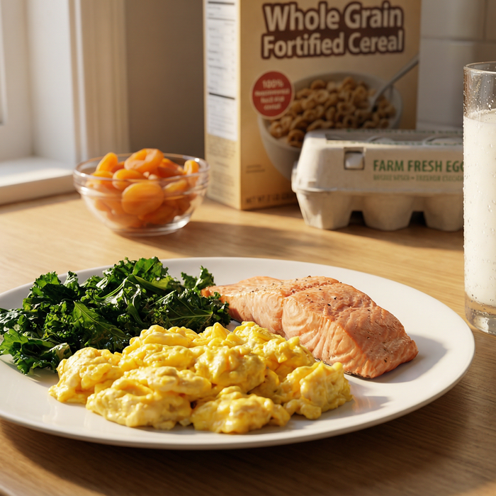 A healthy breakfast of scrambled eggs, kale, and salmon, with a glass of milk, representing foods rich in iron, iodine, and B12