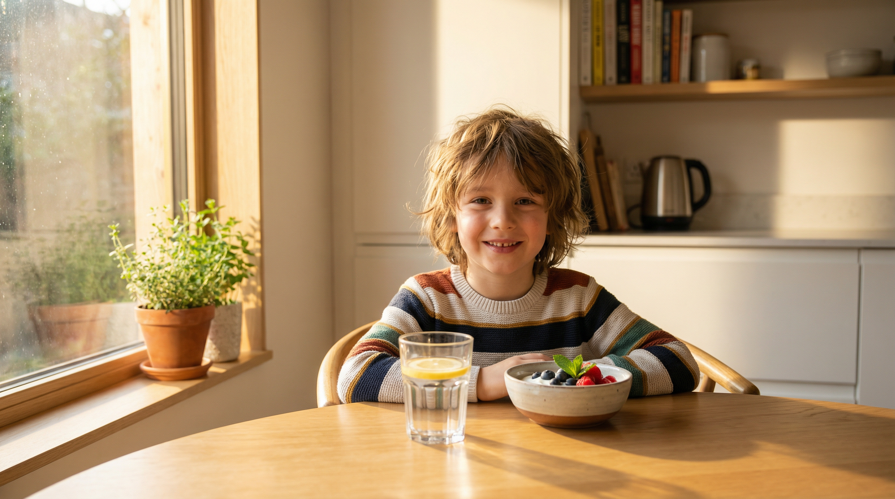 A smiling child at a kitchen table with a bowl of yogurt topped with fresh berries and a glass of water, representing healthy eating for children's gut health
