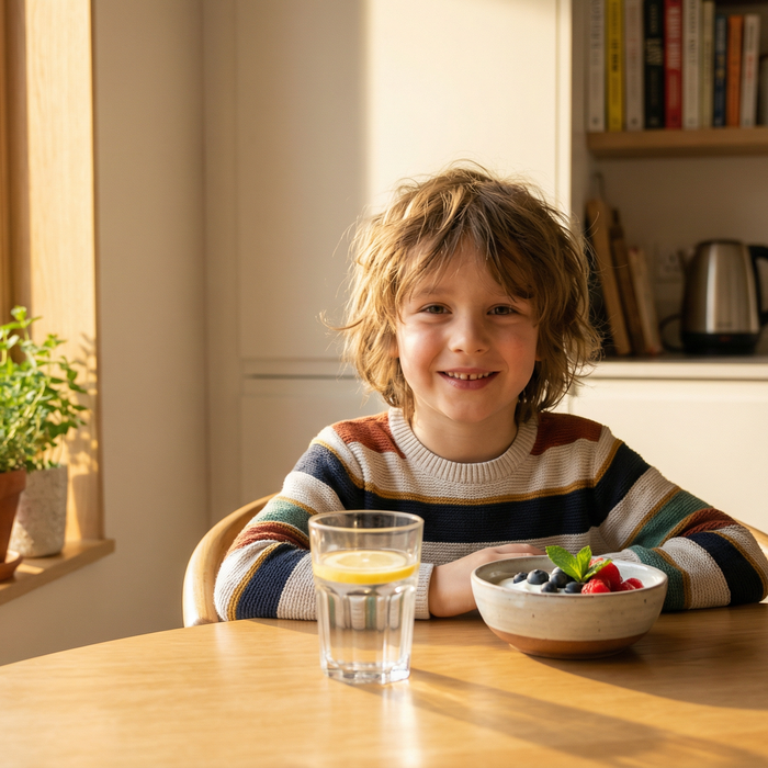 A smiling child at a kitchen table with a bowl of yogurt topped with fresh berries and a glass of water, representing healthy eating for children's gut health