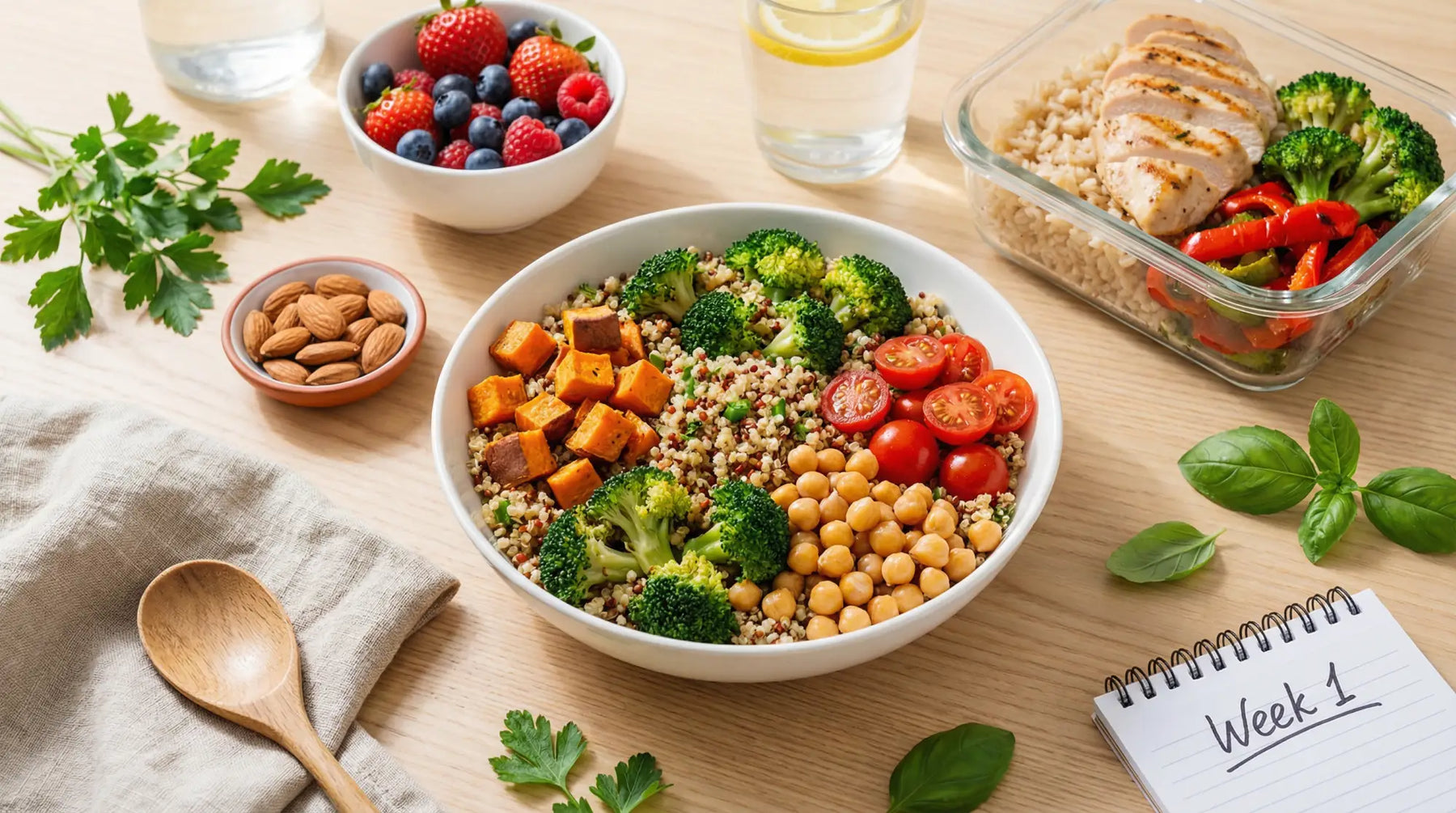 Overhead view of a balanced gluten-free meal plan featuring quinoa salad with roasted vegetables, grilled chicken, fresh berries, and almonds on a wooden table, representing healthy meal prep.
