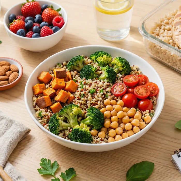 Overhead view of a balanced gluten-free meal plan featuring quinoa salad with roasted vegetables, grilled chicken, fresh berries, and almonds on a wooden table, representing healthy meal prep.