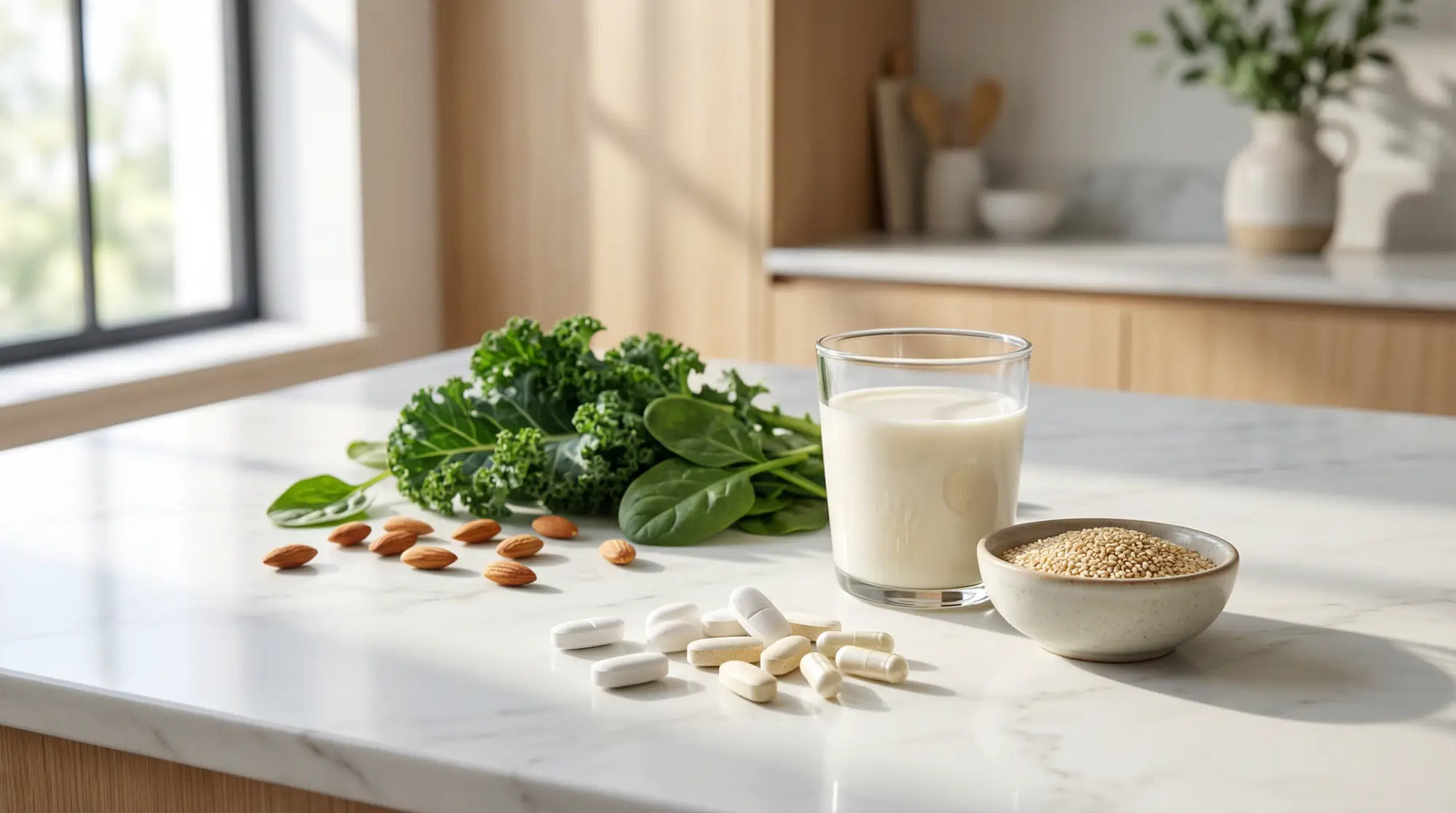 A bright, clean kitchen counter with calcium supplements, leafy greens, almonds, and a glass of plant-based milk, representing dairy-free calcium sources.