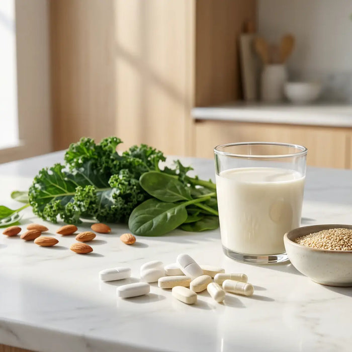 A bright, clean kitchen counter with calcium supplements, leafy greens, almonds, and a glass of plant-based milk, representing dairy-free calcium sources.
