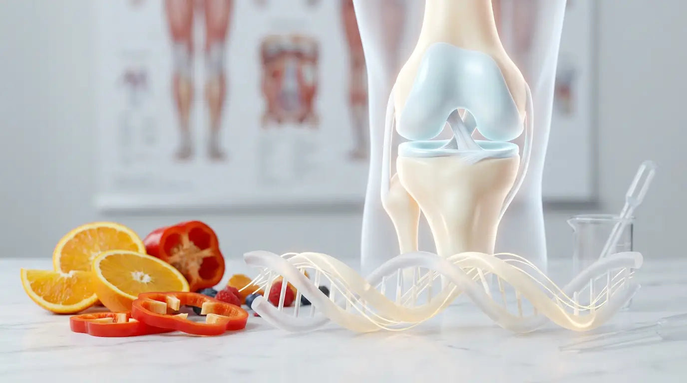 An ultra-realistic image showing a collagen triple helix, a healthy knee joint, and vitamin C rich foods, illustrating the science behind collagen for joint health.