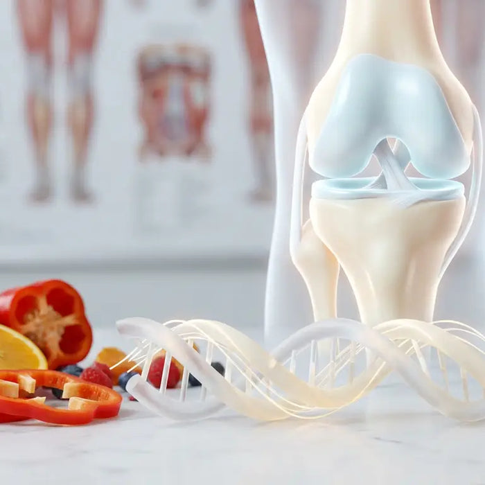 An ultra-realistic image showing a collagen triple helix, a healthy knee joint, and vitamin C rich foods, illustrating the science behind collagen for joint health.