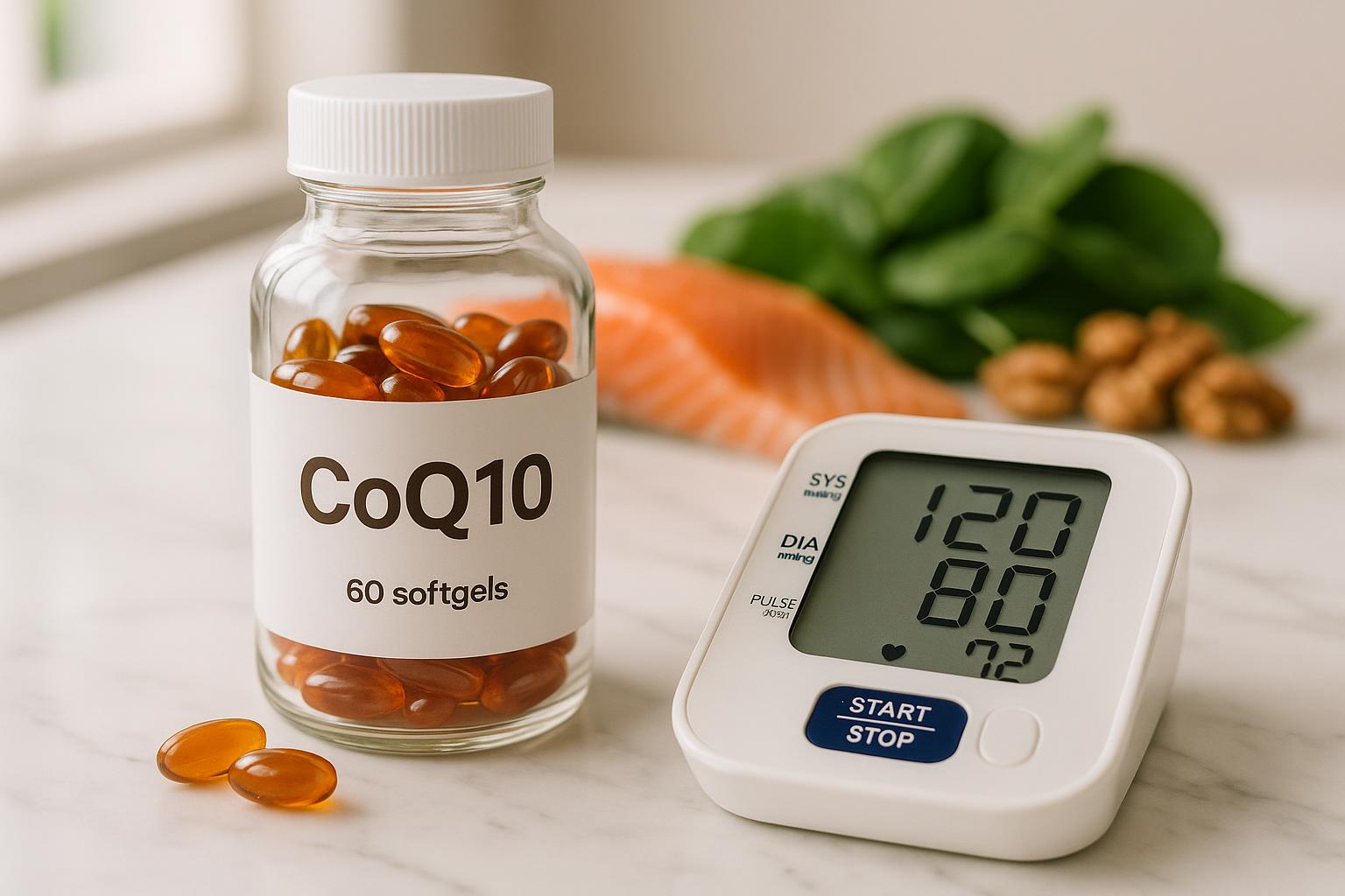 A clear glass bottle of CoQ10 softgel capsules next to a digital blood pressure monitor showing a healthy reading, with heart-healthy foods like salmon and walnuts in the background