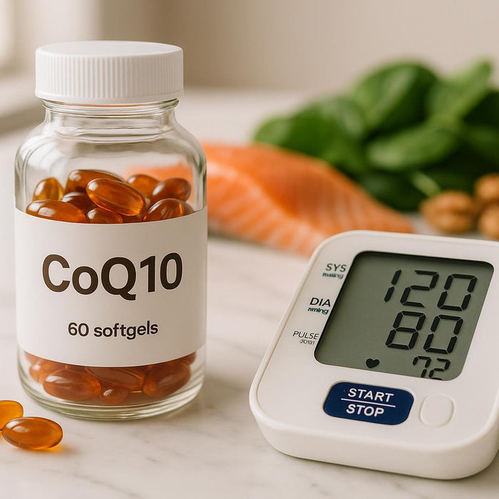 A clear glass bottle of CoQ10 softgel capsules next to a digital blood pressure monitor showing a healthy reading, with heart-healthy foods like salmon and walnuts in the background