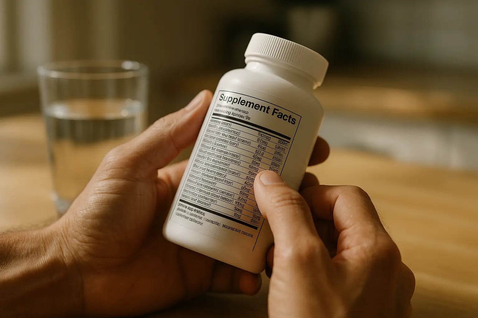 A person carefully reading the ingredients on a supplement bottle, with a glass of water in the background