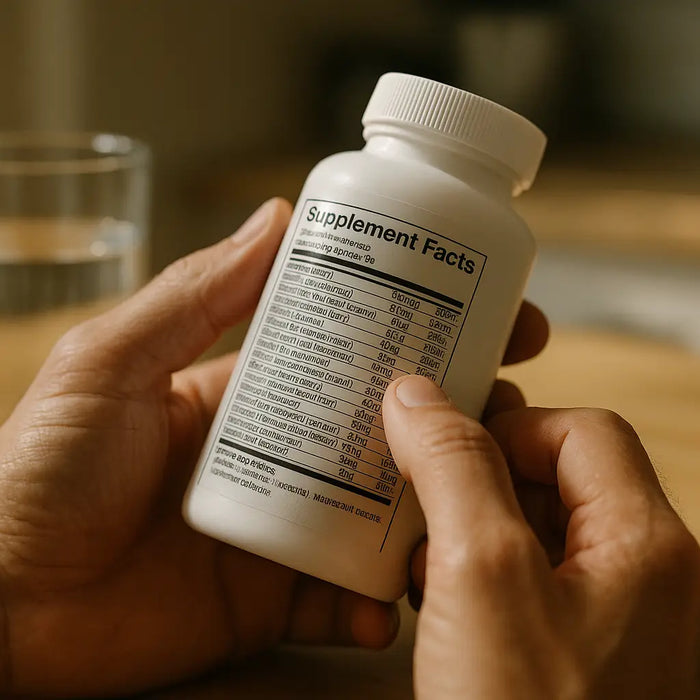 A person carefully reading the ingredients on a supplement bottle, with a glass of water in the background