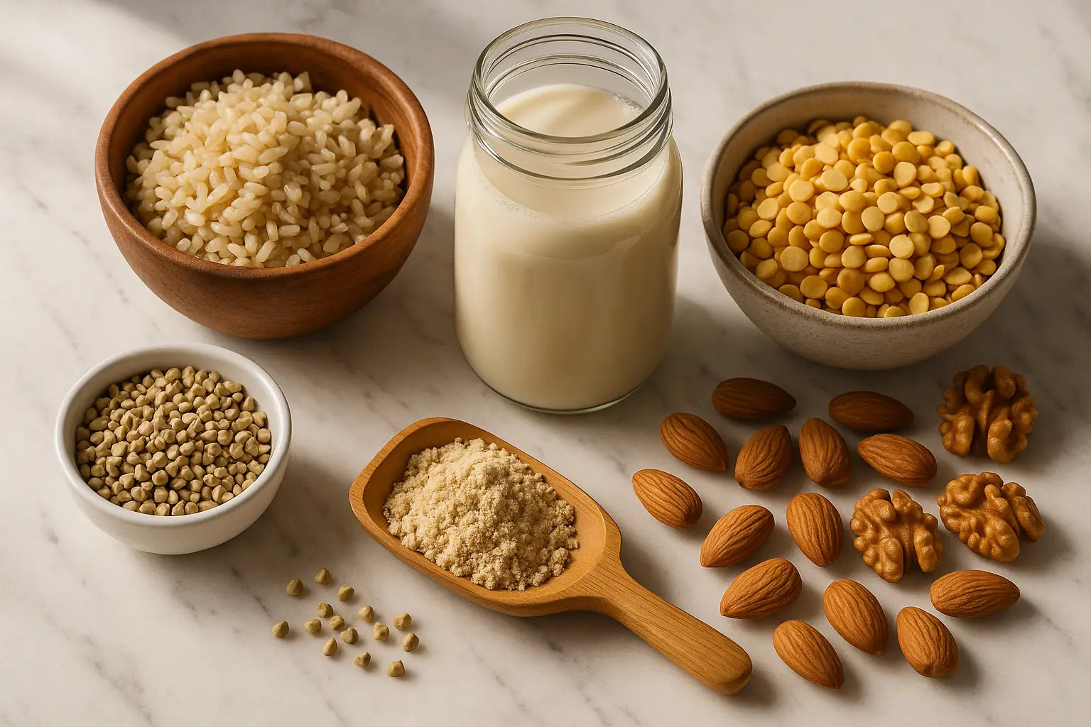 Dairy-free complete protein sources including rice, peas, soy milk, buckwheat and nuts on marble counter
