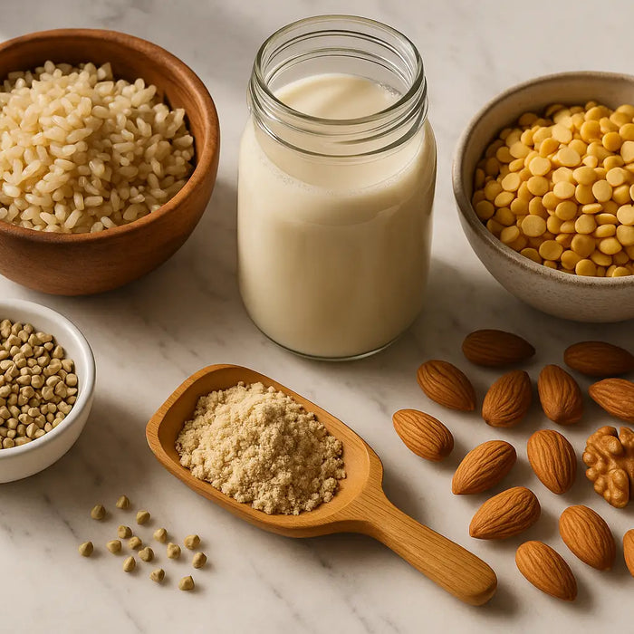 Dairy-free complete protein sources including rice, peas, soy milk, buckwheat and nuts on marble counter