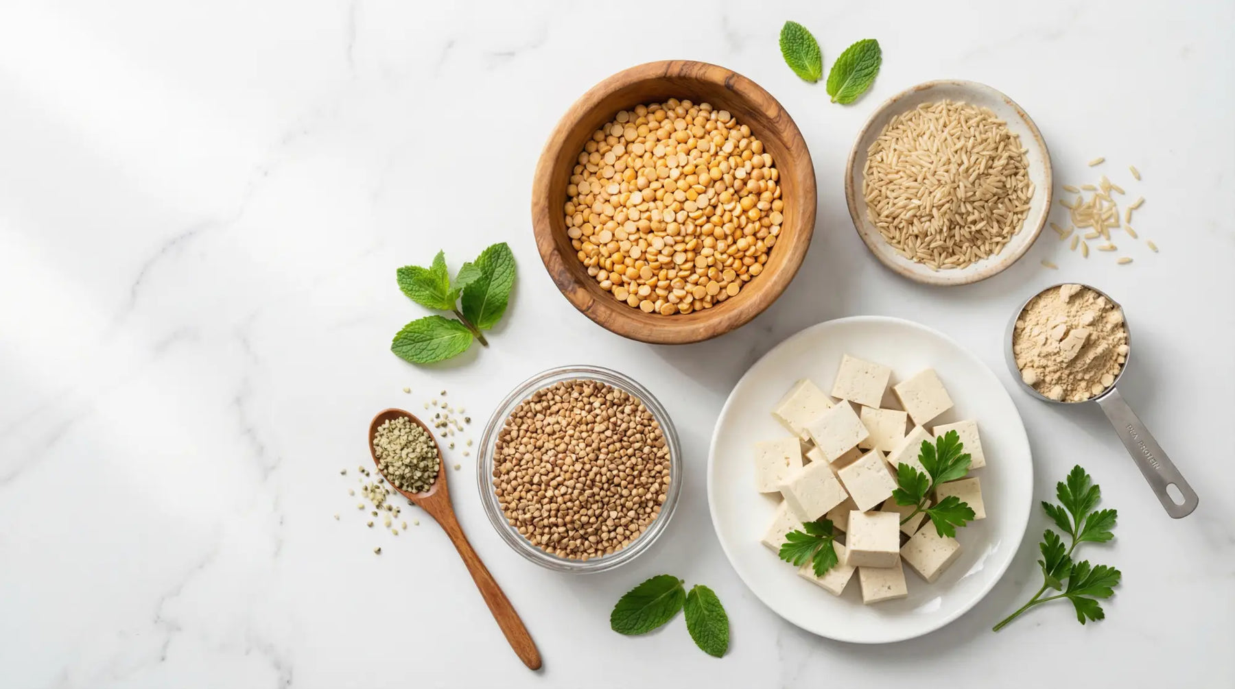Overhead flat lay of dairy-free complete protein sources on marble, featuring bowls of yellow peas, brown rice, buckwheat groats, cubed tofu, protein powder, and fresh herbs.