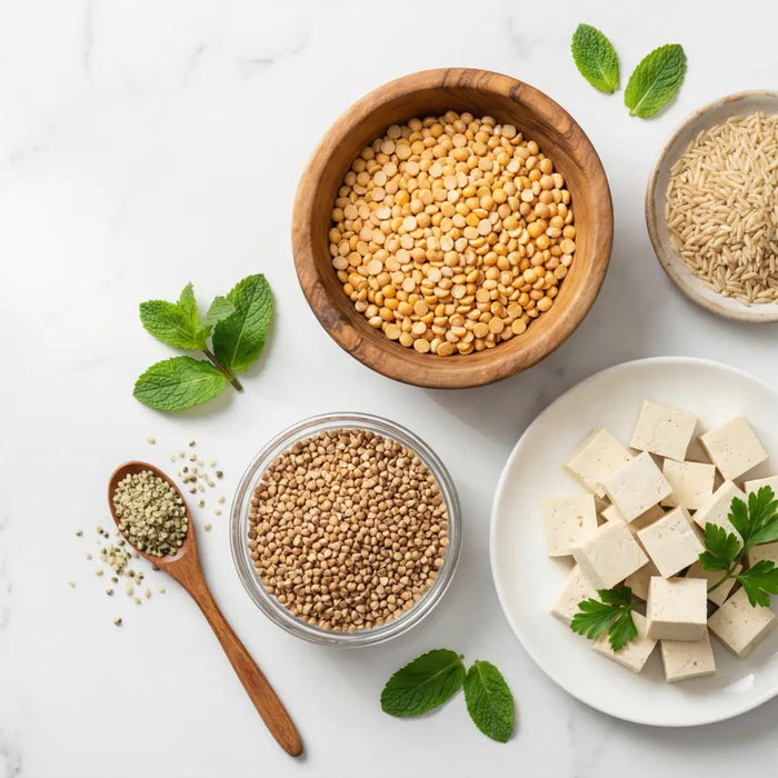 Overhead flat lay of dairy-free complete protein sources on marble, featuring bowls of yellow peas, brown rice, buckwheat groats, cubed tofu, protein powder, and fresh herbs.