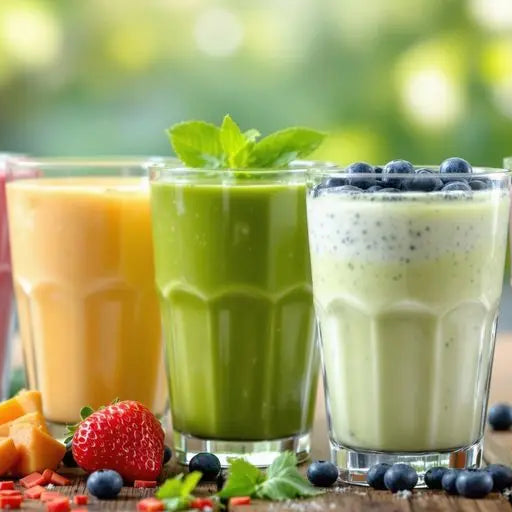 Crisp photographic view of vibrant smoothies in clear glass cups.
