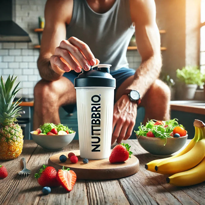 A person holding a NutriBrio protein shaker, ready to mix a protein shake. Fresh fruits and a small salad are nearby.