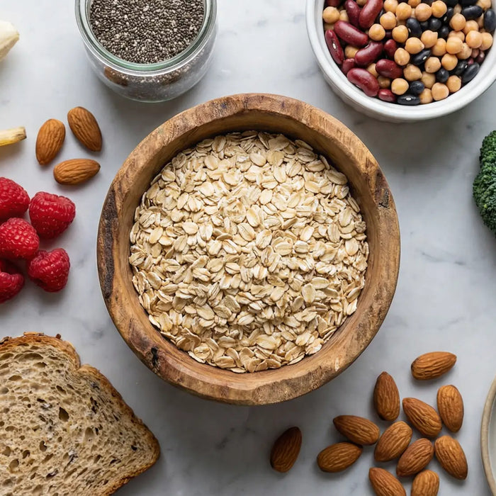 Overhead flat lay of high-fibre foods including oats, beans, broccoli, nuts, bread, banana and avocado on marble.