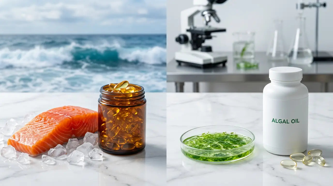 A split image showing a salmon fillet and fish oil capsules on the left, and a petri dish with algae and algal oil capsules on the right, representing the two sources of omega-3.