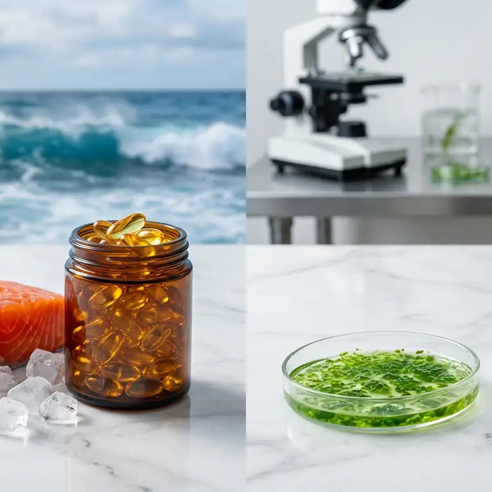 A split image showing a salmon fillet and fish oil capsules on the left, and a petri dish with algae and algal oil capsules on the right, representing the two sources of omega-3.