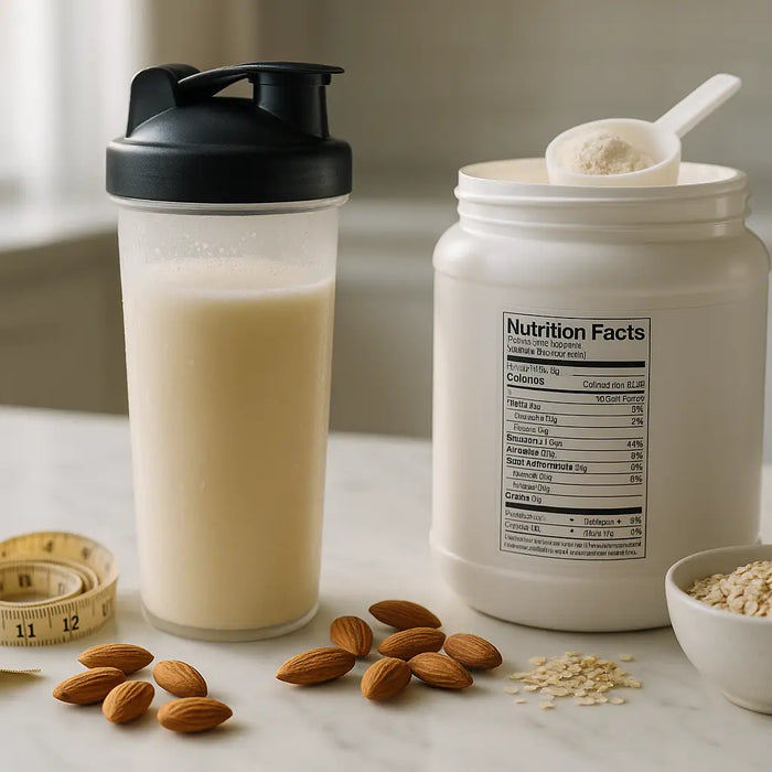 A vanilla protein shake in a glass shaker on a kitchen counter, with a tub of protein powder, a scoop, almonds, and a measuring tape, conveying a theme of health and weight loss.